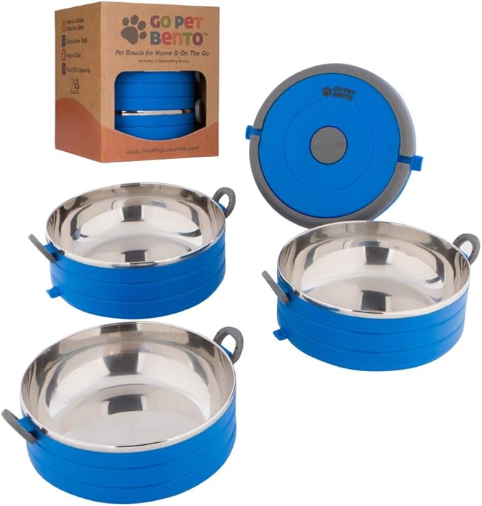 Healthy Human Travel Pet Bento Bowls - Human-Grade Stainless Steel & BPA-Free, Leak-Proof Water & Food Container Set for Dogs & Cats, 3-Pack Interlocking Bowls, Includes Spare Clips & Handle (Blue)