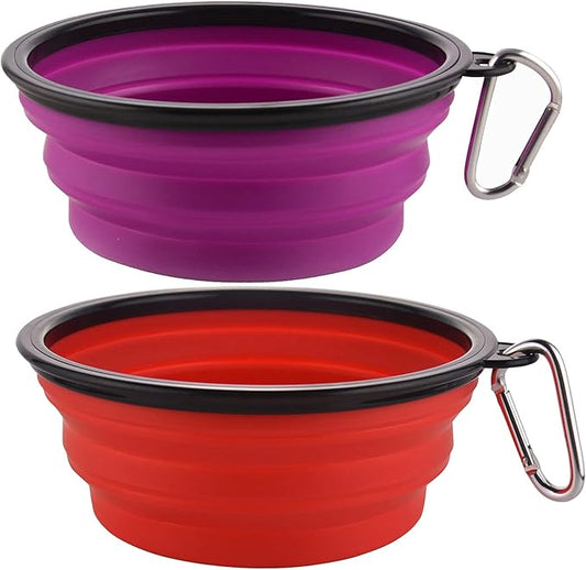Large Collapsible Dog Bowls, 34oz Travel Water Food Bowls Portable Foldable Collapse Dishes with Carabiner Clip, 2 Pack (Purple+Red)