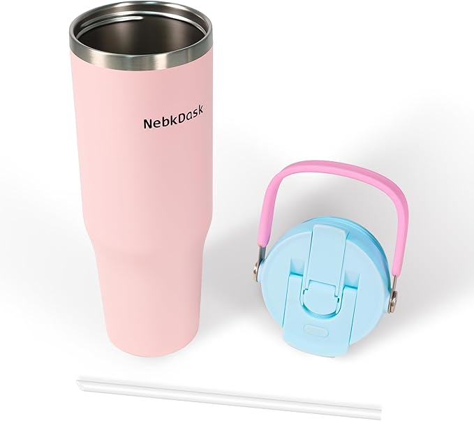 Insulated Stainless Steel Bottle with 2-in-1 Straw and Spout Lid Water Bottle Keep Cold 24H, Leak-Proof, Fits in Car Cup Holder, Travel, and School （Pink）