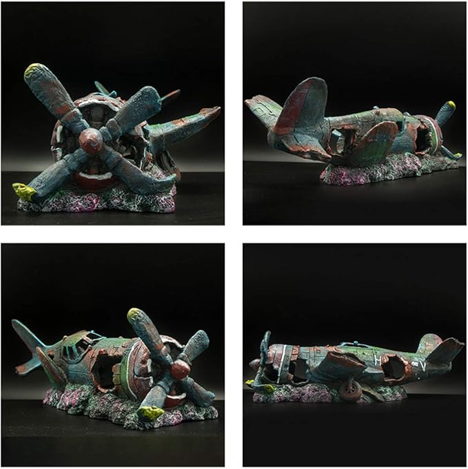 Fish Tank Decoration Fighter Vintage Airplane Ruins Submarine Landscape Fish Shrimp Shelter Cave Hideout Resin Aquarium Decor Turtle Tank Decoration