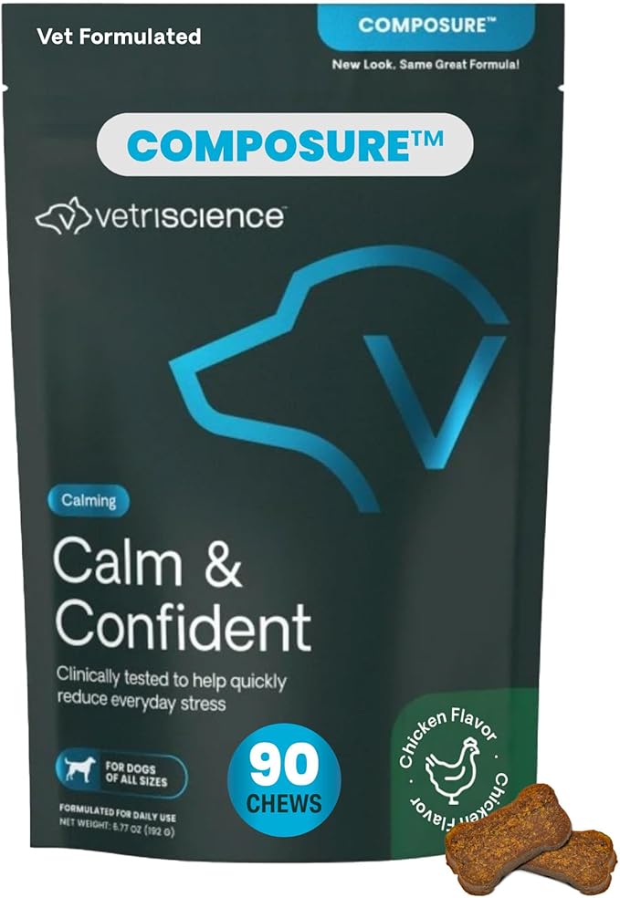 VetriScience Long Lasting Calm & Confident Calming Chews for Dogs, Supplement for Stress Support, Thunderstorms, Fireworks, & Travel, Chicken, Soft Chews, 90 Count - New Look