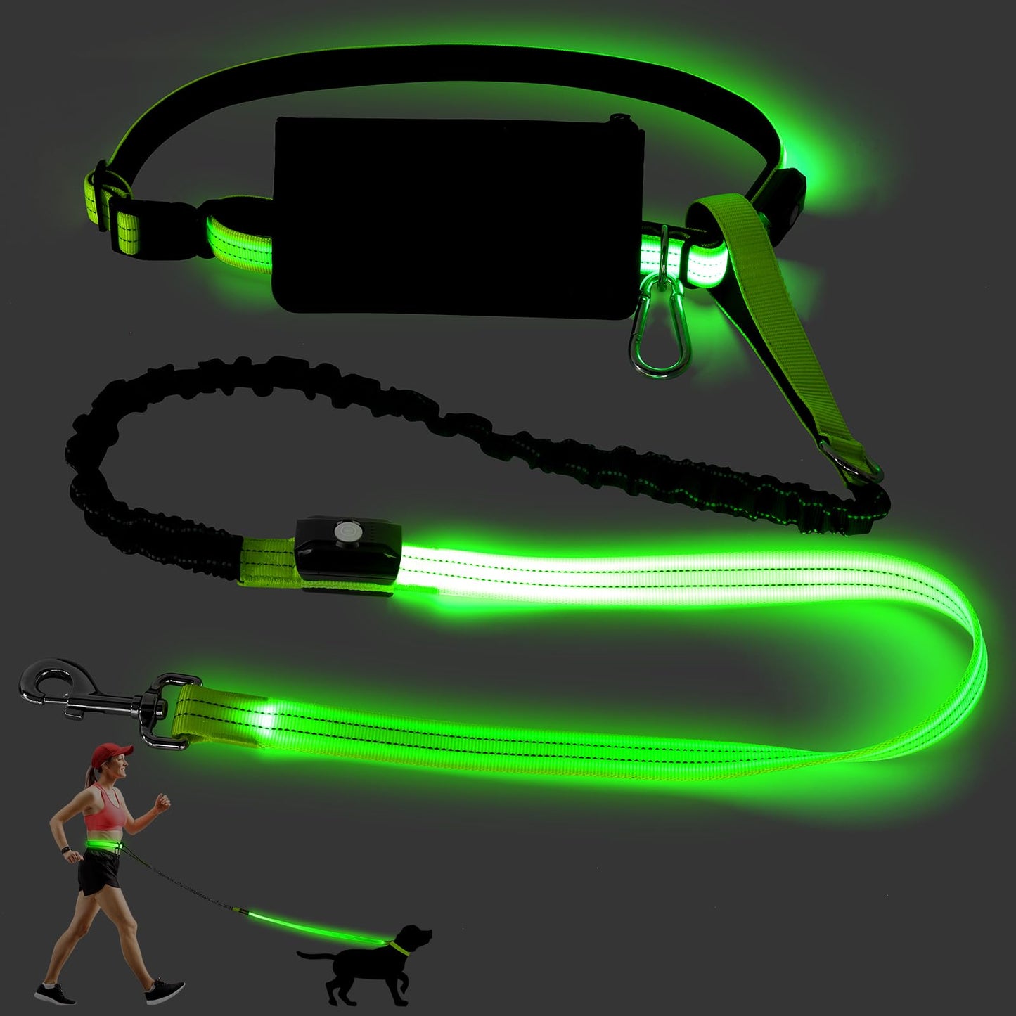 LED Hands Free Dog Leash, Waist Leash for Dog Walking, Retractable Bungee Light Up Dog Leash, LED Handless Dog Running Leash, Reflective Running Leash for Jogging Training Hiking (Green)