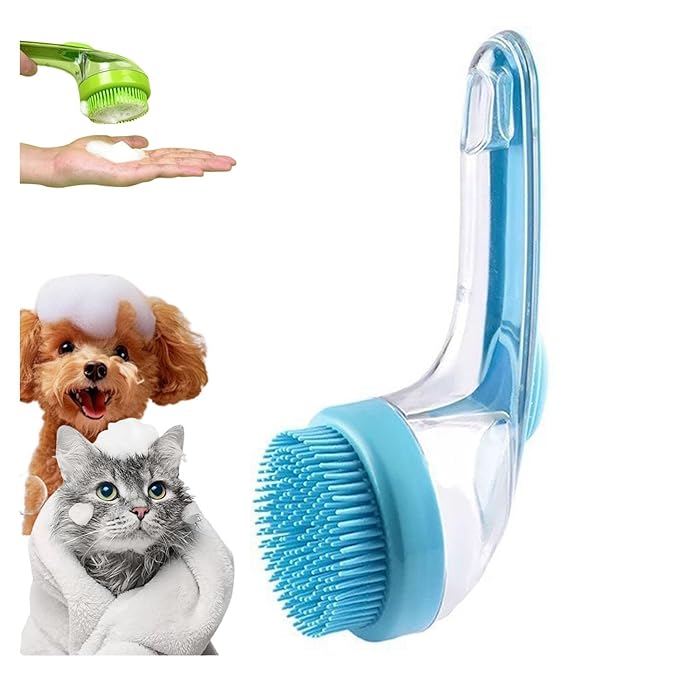 Pet Bath Brush, Dog Bath Brush, Dog Scrubber for Bath with Built-in Shampoo Dispenser, for Dogs & Cats (Blue)