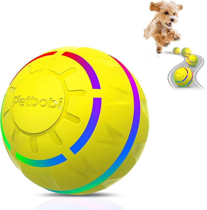 Petbobi Active Rolling Ball for Dogs - 2025 New Upgrade 2 Modes Interactive Dog Toys, USB Rechargeable Motion Activated Self Moving, Durable Pet Ball for Small Medium Large Breeds, LED Light, Yellow