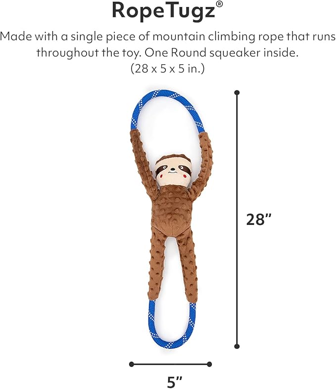 ZippyPaws RopeTugz - Durable Dog Pull Rope Toy, Interactive Tug of War for Large, Medium, & Small Dogs, Squeaky Pet Products to Keep Them Busy, Made with Heavy Duty Climbing Rope - Sloth