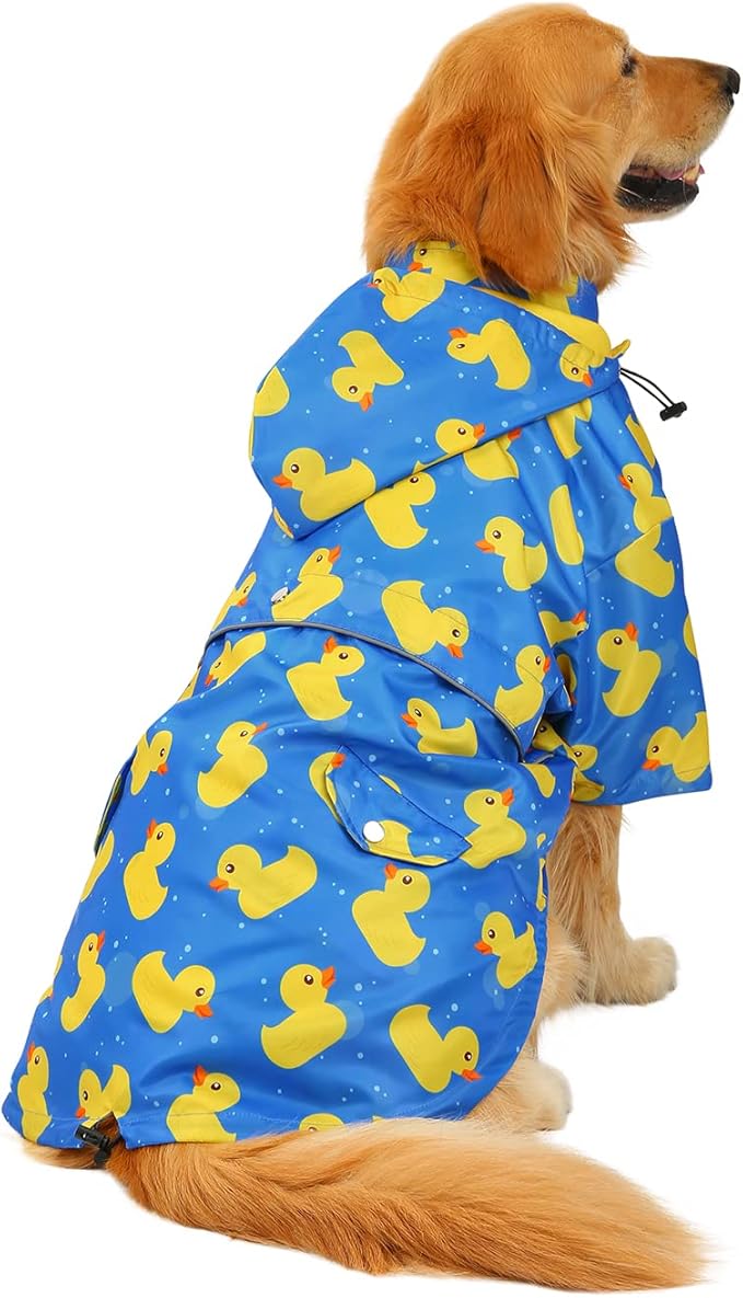 HDE Dog Raincoat Poncho Double Layer Zip Rain Jacket with Removable Hood, Leash Hole for Small to 3XL Dogs and Puppies Ducks Blue - XL