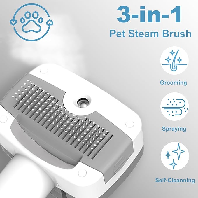 3 in 1 Pet Steam Brush for Dogs & Cats – Self Cleaning, Hair Removal Comb Steam for Shedding & Grooming for Long & Short Haired Pets,Includes Pet Enssence
