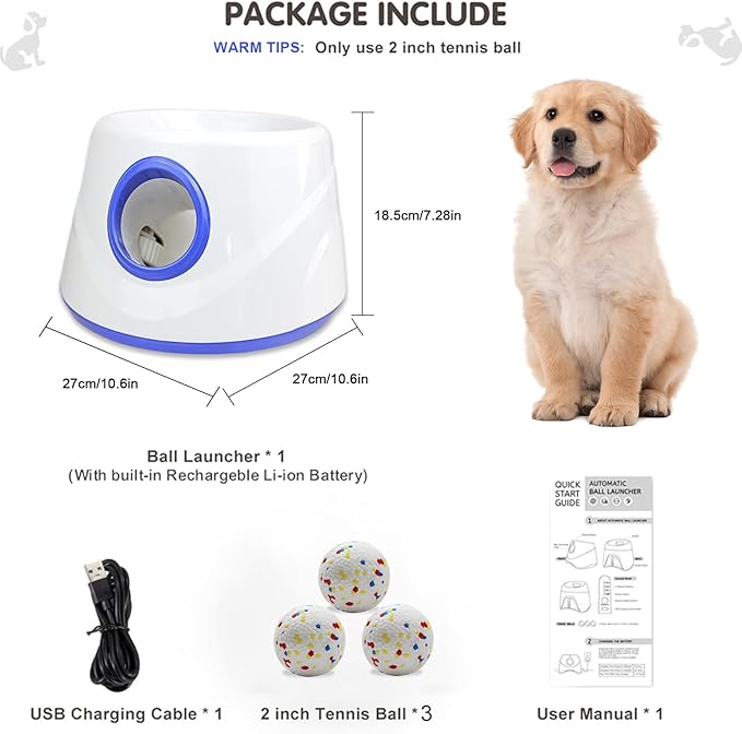 Dog Ball Thrower Launcher, Automatic Ball Launcher for Dogs, 3 Adjustable Distance Settings, Indoor OutdoorInteractive Toy, with 3 2.3-inch Balls, Small/Medium Sized Dog Thrower