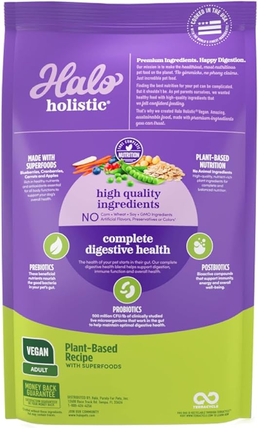 Halo Holistic Plant-Based Recipe With Superfoods, Complete Digestive Health, Vegan Dry Dog Food Bag, Adult Formula, 10-lb Bag