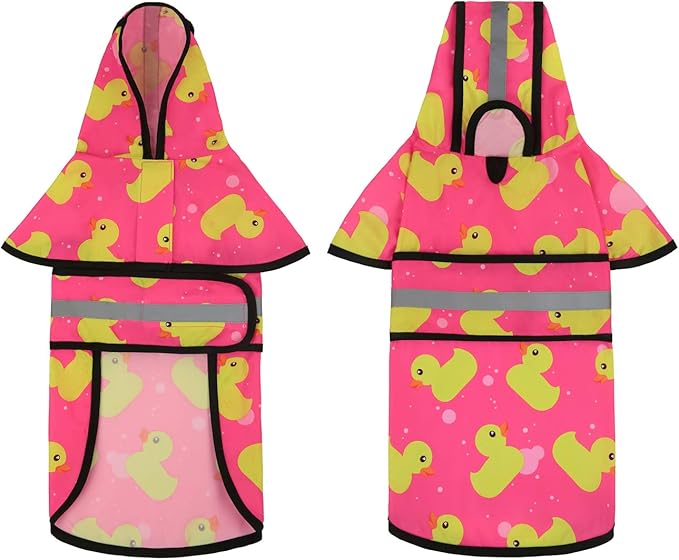 HDE Dog Raincoat Jacket Reflective Adjustable Hooded Pet Poncho Rain Coat with Leash Hole for Small to X-Large Dogs Pink Ducks - L