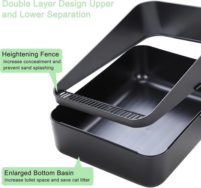Sfozstra Open Top Litter Box: Black Medium Size with High Sides & Anti Leak Design, Easy Clean Litter Pan for Home Cats