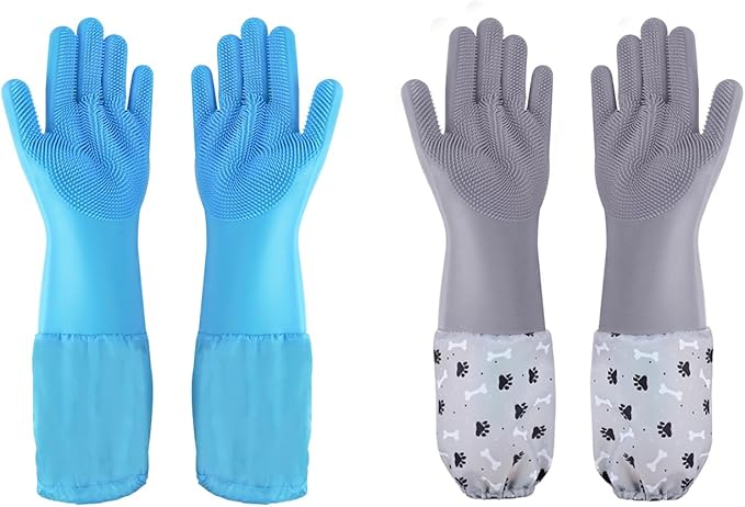 Pet Grooming Gloves Pet Hair Remover Cat, Dog Washing Gloves Silicone Heat Resistant Cleaning Gloves with High-Density Teeth Grooming Gloves for Dogs, Cats, Horses (2 Pairs - Blue & Gray)