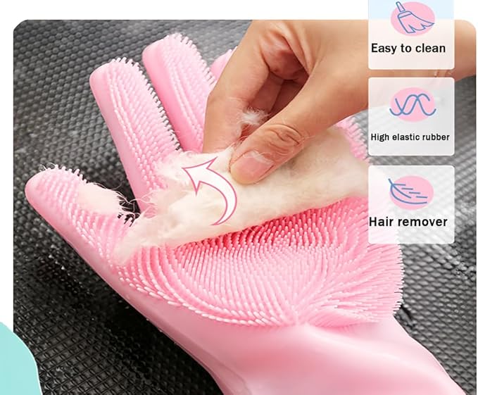 2 pairs Silicone Dishwashing & Pet Grooming Gloves - 2-in-1 Heat Resistant Gloves with High-Density Teeth, Enhanced Five Finger Design for Bathing, Cleaning Dishes, Cars, Dogs & Cats (Pink)