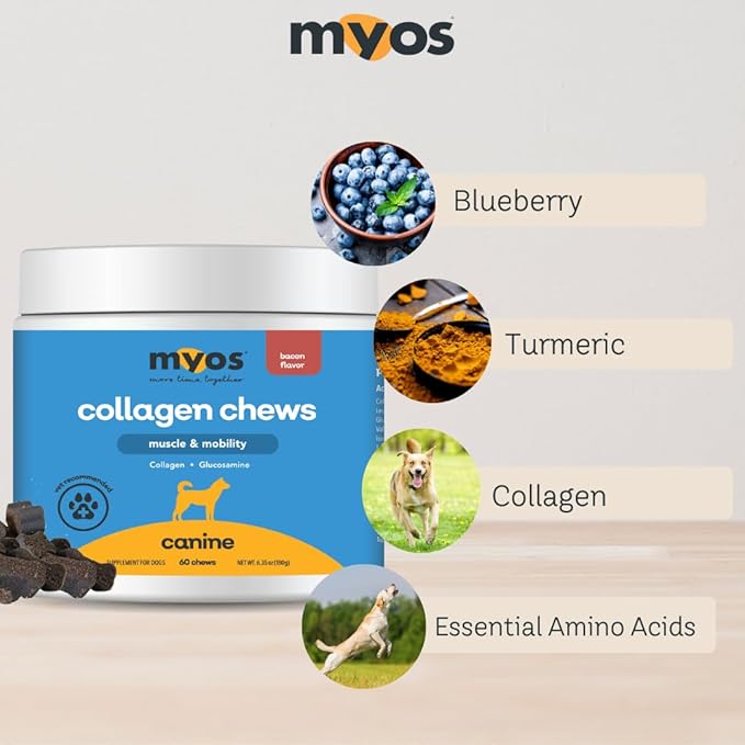 MYOS Canine Muscle & Mobility Chews – Collagen & Glucosamine for Dogs - Bacon Flavor Joint Supplement for Muscle, Bone & Joint Support, 60 Count