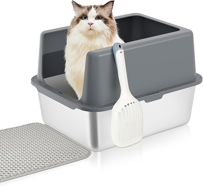 Stainless Steel cat Litter Box, Covered Metal Litter Box, cat Litter Pans with high Sides, Kitty Litter Boxes for Indoor Cats (Non Sticky, Easy to Clean, Anti-Urine Leakage) 17.5" L x 13.5" W x 6" H