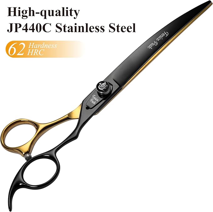 Fenice Peak 7'' Black and Gold Two-color Dog Grooming Scissors Set Straight Thinning Curved and Chunker Shears 4PCS Set with Pattern Screw and Ergonomic Offest Handle 440C Sharp and Durable