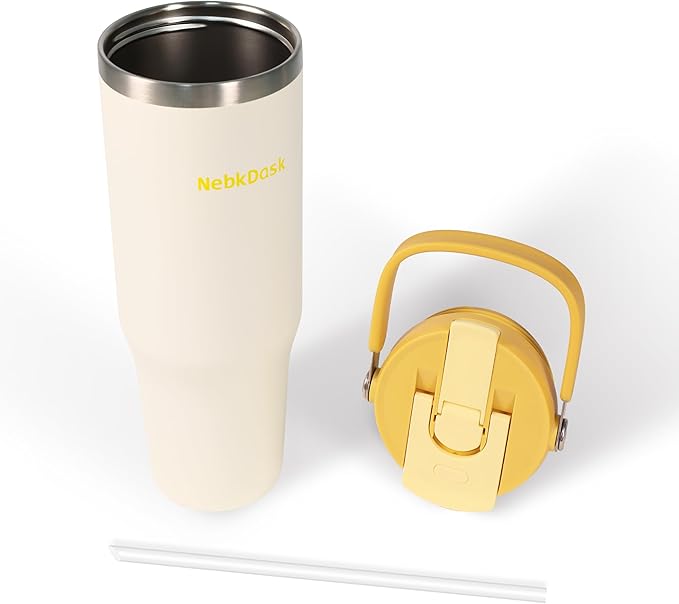 Insulated Stainless Steel Bottle with 2-in-1 Straw and Spout Lid Water Bottle Keep Cold 24H, Leak-Proof, Fits in Car Cup Holder, Travel, and School（off-White）