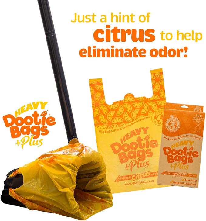 HEAVY Dootie Bags +Plus a Hint of Citrus Scent with EZ Tie Handles. For Pet Dog Poop, Cat Litter. Multi-Use. Fits Swivel Bin and Gogo Stik Scoopers. Made with Cornstarch. Strong, Leakproof, Very Large