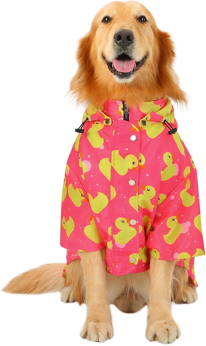 HDE Dog Raincoat Poncho Double Layer Zip Rain Jacket with Removable Hood, Leash Hole for Small to 3XL Dogs and Puppies Ducks Pink - 2XL