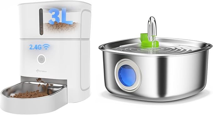 3L Automatic Cat Feeder,5G & 2.4G Wi-Fi Timed Cat Food Dispenser, 1-10 Meals Per Day+Stainless Steel Dog Water Fountain 7L,Dog Water Dispenser