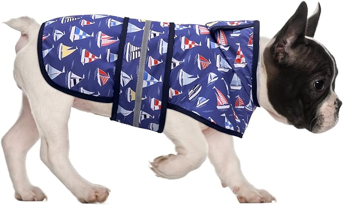 HDE Dog Raincoat Jacket Reflective Adjustable Hooded Pet Poncho Rain Coat with Leash Hole for Small to X-Large Dogs Nautical Boats - M