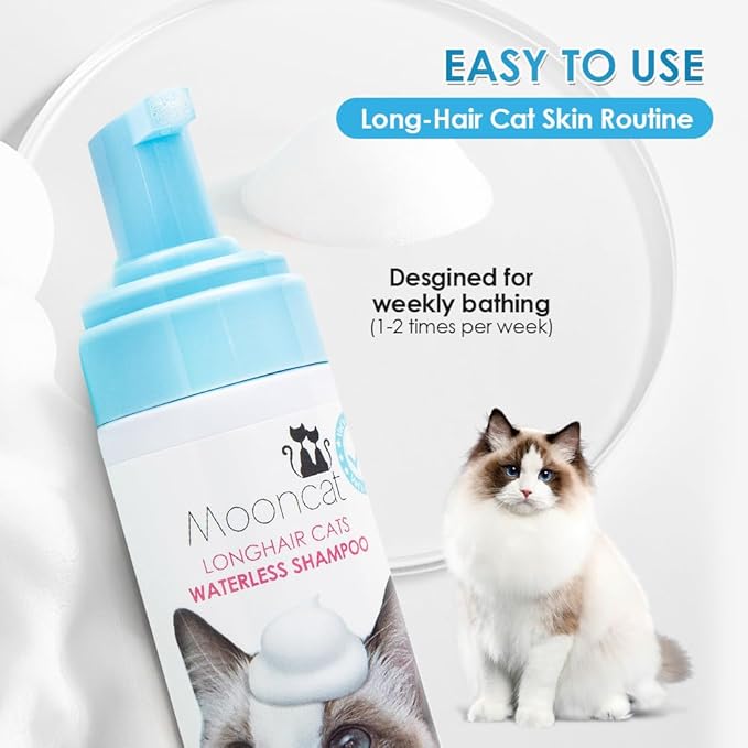Mooncat Complete Cat Skin & Coat Care Bundle – Waterless Cat Shampoo (5oz) + Cat Acne Chin Treatment Lotion (150ml) | Licking Safe, Detangling Foam Bath for Longhair Cats, No-Rinse, Paraben-Free, pH B