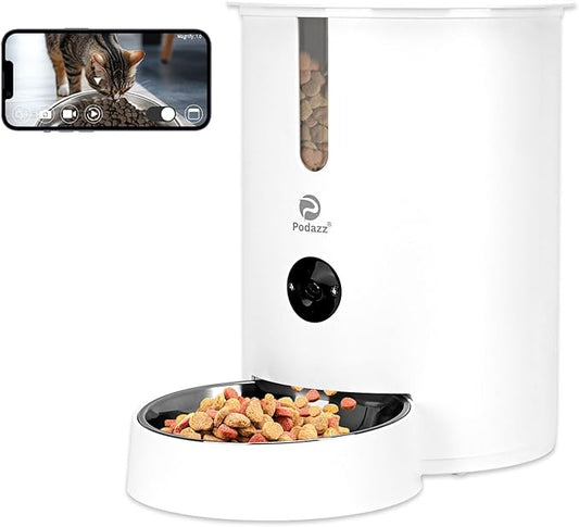 Automatic Cat Feeders, Podazz 1080P HD Camera Timed Auto Cat Dog Feeder with Smart App, 5G WiFi Dry Food Dispenser 2-Way Audio, Voice Recorder, Night Vision, Non-Stick Food Bowl (White)