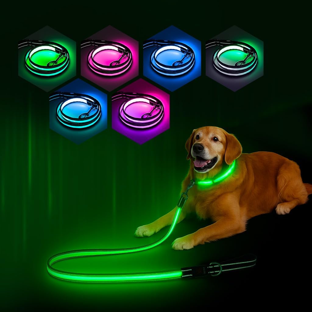 Multi-Color Light Up Dog Leash 4FT Color Changing 7 Lighting Modes Rechargeable Reflective LED Lighted Glow Dark Leash for Night Walking for Small Medium Large Dogs Blue Green Pink