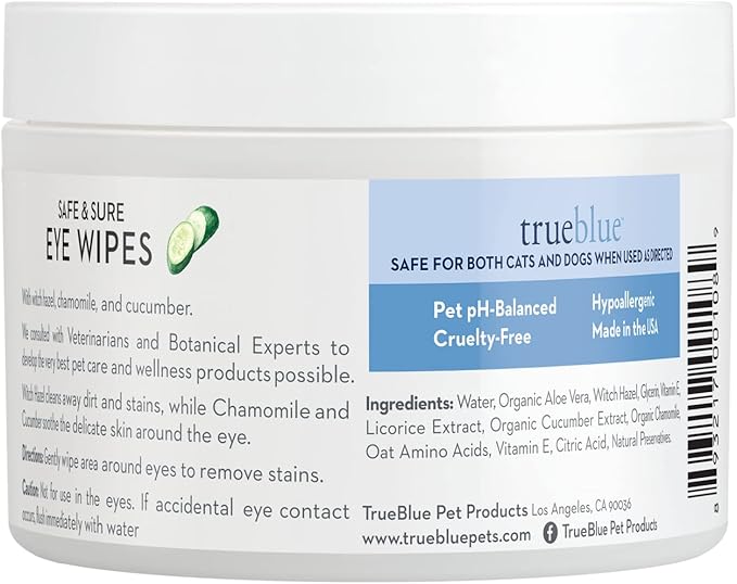 TrueBlue Cucumber & Chamomile Safe and Sure Dog Eye Wipes – Pre-Moistened Textured Pads for Tear Stain Eye Cleaning – Cleansing Eye Wipe for Dogs, Puppies – Non-Toxic, All-Natural – 50 Count