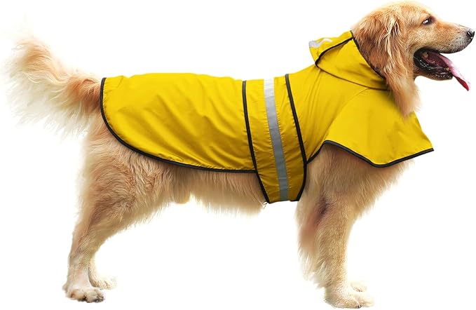 HDE Dog Raincoat Jacket Reflective Adjustable Hooded Pet Poncho Rain Coat with Leash Hole for Small to X-Large Dogs Yellow - XL