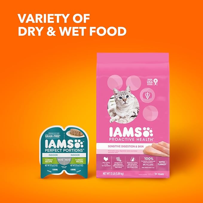 IAMS Proactive Health Adult Sensitive Digestion & Skin Dry Cat Food with Turkey, 6 lb. Bag