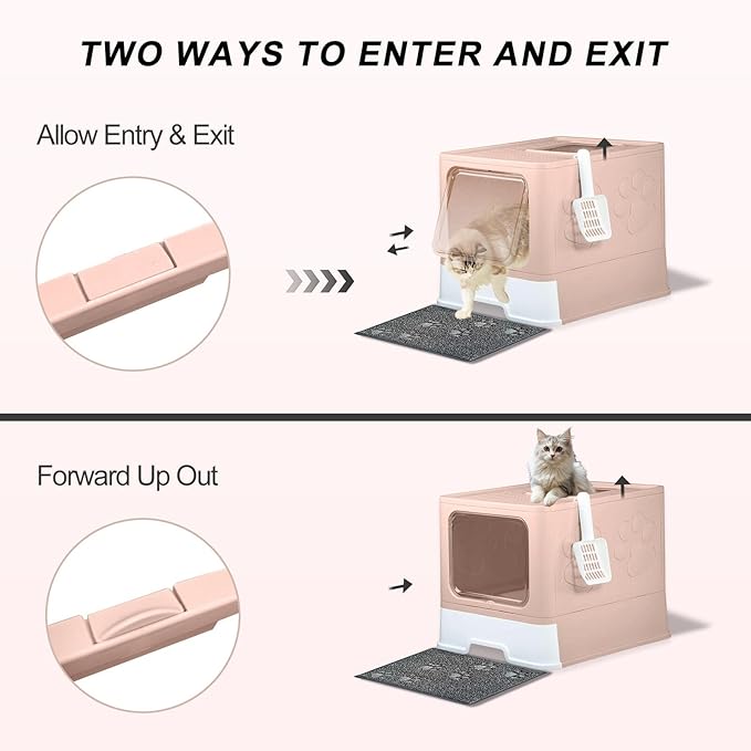 Upgrade Portable Litter Box, Top Entry Cat Box with Lid, No Leakage Kitty Box with Scoop and Mat, Easy Cleaning Cat Box Enclosure (Pink)