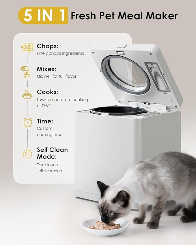 Pet Fresh Meal Cooker,5-in-1 Auto Fresh Food Cooker with Chop,Slow Cook, Mix, Self-Cleaning and Timer, 2.6 Quart Capacity Foods Cooker Makes 1.5Lbs Foods for 2 Dogs, DIY Pet Recipes, Wet or Dry Meals
