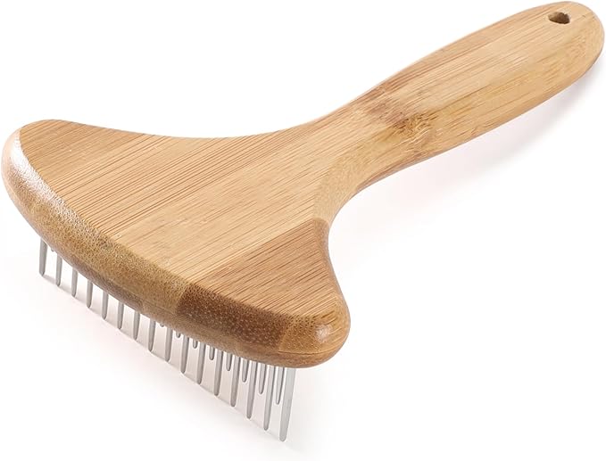 Dog Undercoat Rake for Shedding Cat Grooming Rake with Anti-Slip Wooden Handle Dematting Undercoat Brush for Long Hair Types Coat Rake for Dogs Knot Removal and Shedding Control L