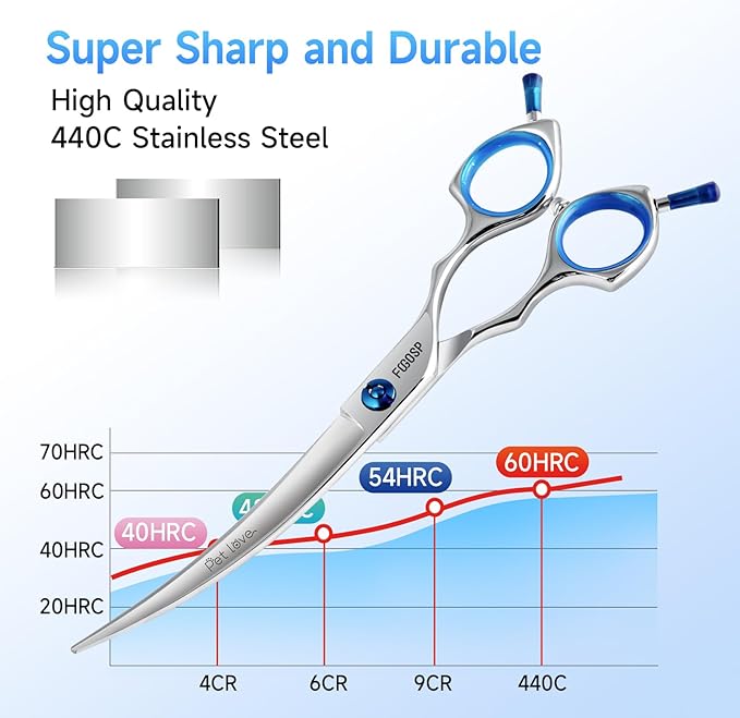 Curved Dog Grooming Scissors 7 in Curve Shears for Pet Dogs Cat Japan 440C 30°Arc Upward & Downward for Trimming Face and Paws(7, Curved)