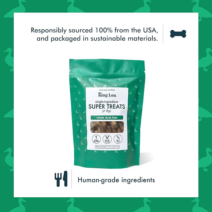 King Lou Pets - Whole Duck Feet for Dogs - Dehydrated Duck Dog Treats - USA-Made Dental Treats for Dogs - Collagen, Glucosamine, Chondroitin for Hip and Joint Health - 10 Count