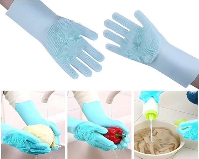 1 pairs Silicone Dishwashing & Pet Grooming Gloves - 2-in-1 Heat Resistant Gloves with High-Density Teeth, Enhanced Five Finger Design for Bathing, Cleaning Dishes, Cars, Dogs & Cats(Green)
