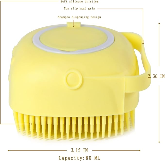 Pet Bath Brush Dog Bath Brush Shampoo Dispenser Soft Silicone Dog Bathing Brush Dog Shampoo Brush scrubbers for Cats and Dog Shower Brush Grooming (Yellow)