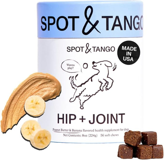 Spot & Tango Hip + Joint Supplement for Dogs - Vet-Approved For Mobility and Arthritis Support - Glucosamine, Chondroitin, Green Lipped Mussel, MSM - Flavor from Real Peanut Butter & Banana - 56 Count