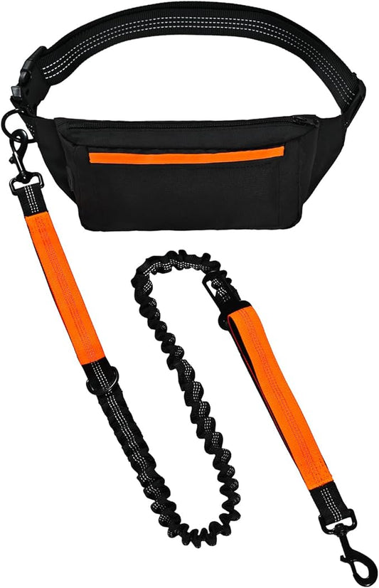 Amazon Basics Hands Free Dog Leash with Running Bag, Adjustable Waist Belt, Dual Padded Handles, Reflective Bungee Leash for Walking, Jogging, Hiking, Fits Small to Large Dogs (Up to 150 lbs)