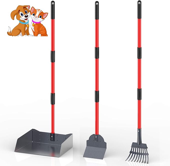 Larger Heavy Duty Pooper Scooper for Dogs-Rake, Spade,Tray Set with Long Handle,No Bend Down Easy Cleanup,Great for Yard Grass Gravel Dirt,Use for Large Small and Multi Dogs