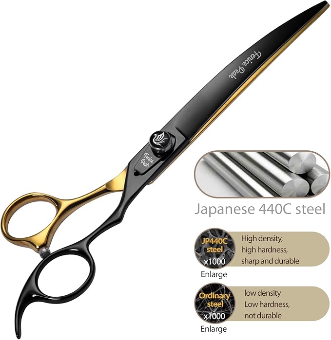 Fenice Peak 8'' Black Dog Grooming Scissors Goldern Curved Scissors with Ergonomic Offest Handle and Pattern Screw Pet Grooming Trimming Shears Durable and Sharp 440C