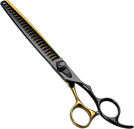 Fenice Peak 8'' Black Dog Grooming Scissors Goldern Chunker Dog Blending Scissors with Ergonomic Offest Handle and Pattern Screw Pet Grooming Thinner Blender Shears Durable and Sharp 440C