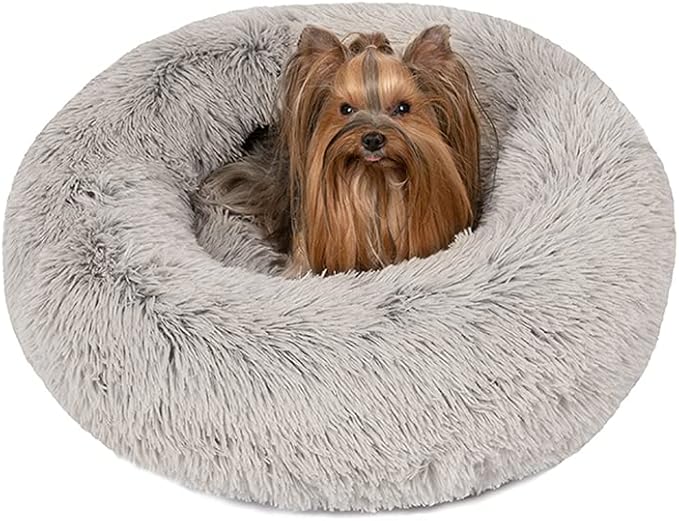 Friends Forever Donut Dog Bed Faux Fur Fluffy Calming Sofa For Small Dogs, Soft & Plush Anti Anxiety Pet Couch For Dogs, Machine Washable Coco Pet Bed with Non-Slip Bottom, 23"x23"x6" Grey