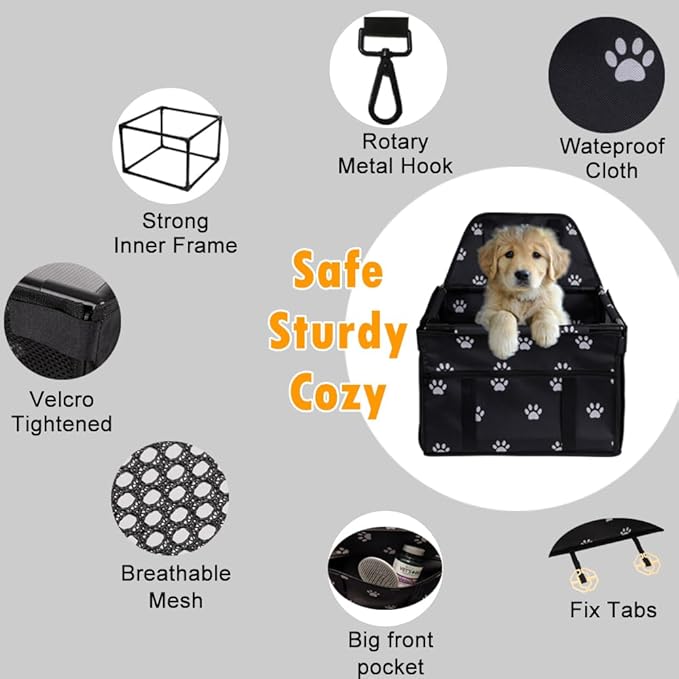Puppy Car Seat, Sturdy Reinforced Structure with Inner Frame and Velcro, Shortened Safety Leash with Rotary Metal Snap Hook, Ideal Washable Portable Pet Booster Seat for small dogs and Pets