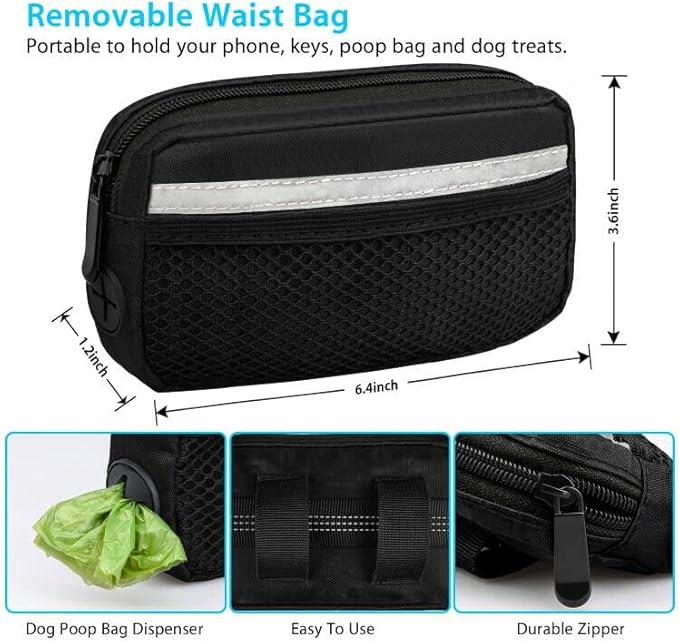 Hands Free Dog Running Leash with Zipper Pouch, Dual Handle, Elastic Bungees Retractable Rope for Medium and Large Dogs, Waist Bag Pack Carry Phones for Walking Hiking Biking (Large, 25-120lb)