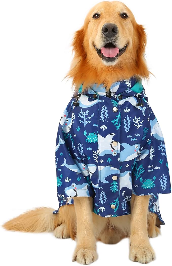 HDE Dog Raincoat Poncho Double Layer Zip Rain Jacket with Removable Hood, Leash Hole for Small to 3XL Dogs and Puppies Sharks - 2XL