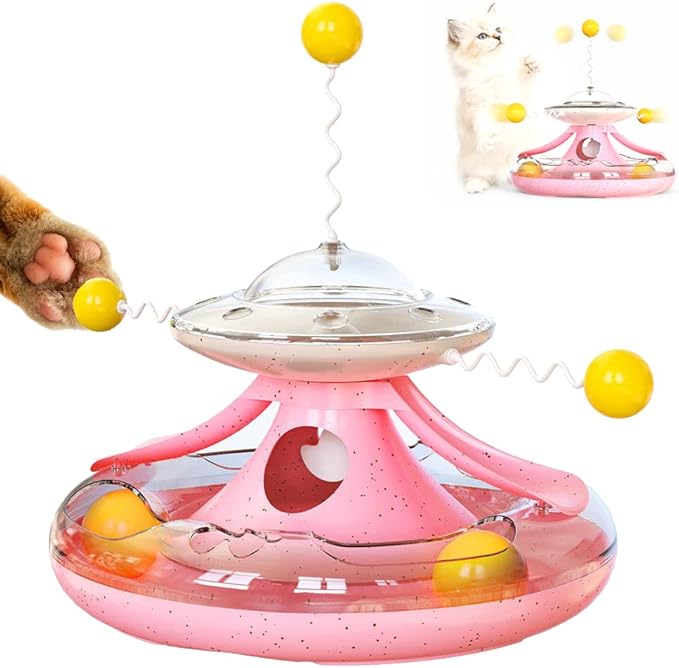 3 in 1 Interactive Cat Toy - Fidget Spinner Treat Dispenser, Windmill Food Dispenser, Slow Feeder, and Teaser Wand for Indoor Cats
