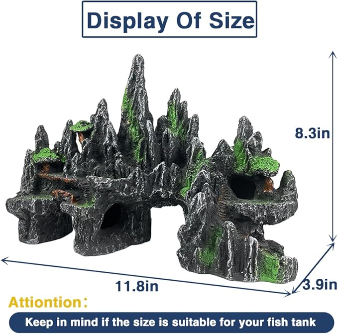 Large Fish Tank Decorations - Aquarium Rock Mountain View Ornament Tree House Cave for Large Glofish Tank - 13 Inches Long