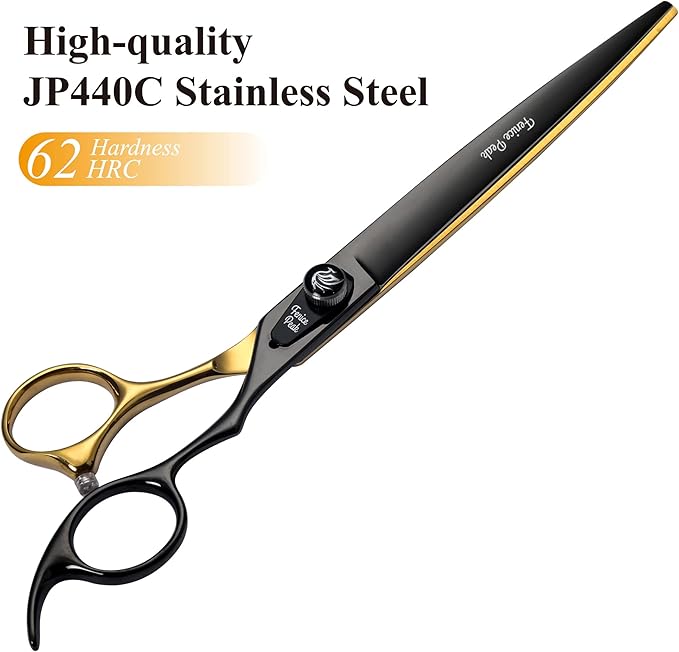 Fenice Peak 8'' Black and Gold Two-color Dog Grooming Scissors Set Straight Thinning Curved and Chunker Shears 4PCS Set with Pattern Screw and Ergonomic Offest Handle 440C Sharp and Durable